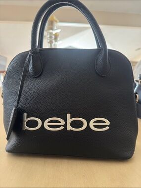 bebe Black Pebbled Dome Satchel with Silver Logo